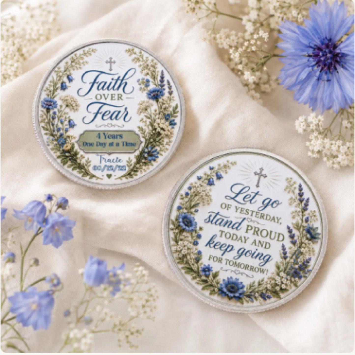 Two round recovery coins with floral border and “Faith Over Fear” text
