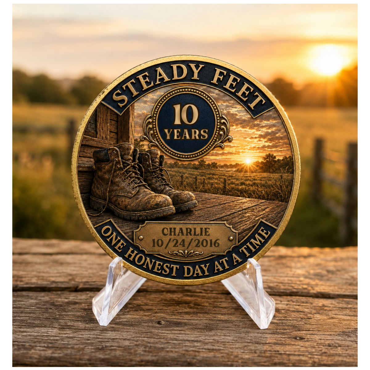 Gold-toned Steady Feet 10 years coin on clear stand, boots and engraved date