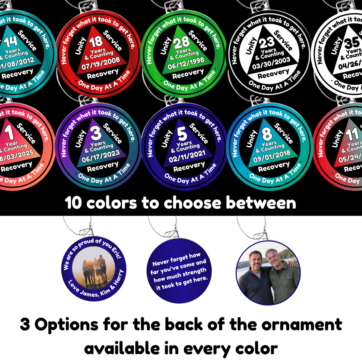Set of acrylic recovery milestone ornaments showing multiple color options and designs.