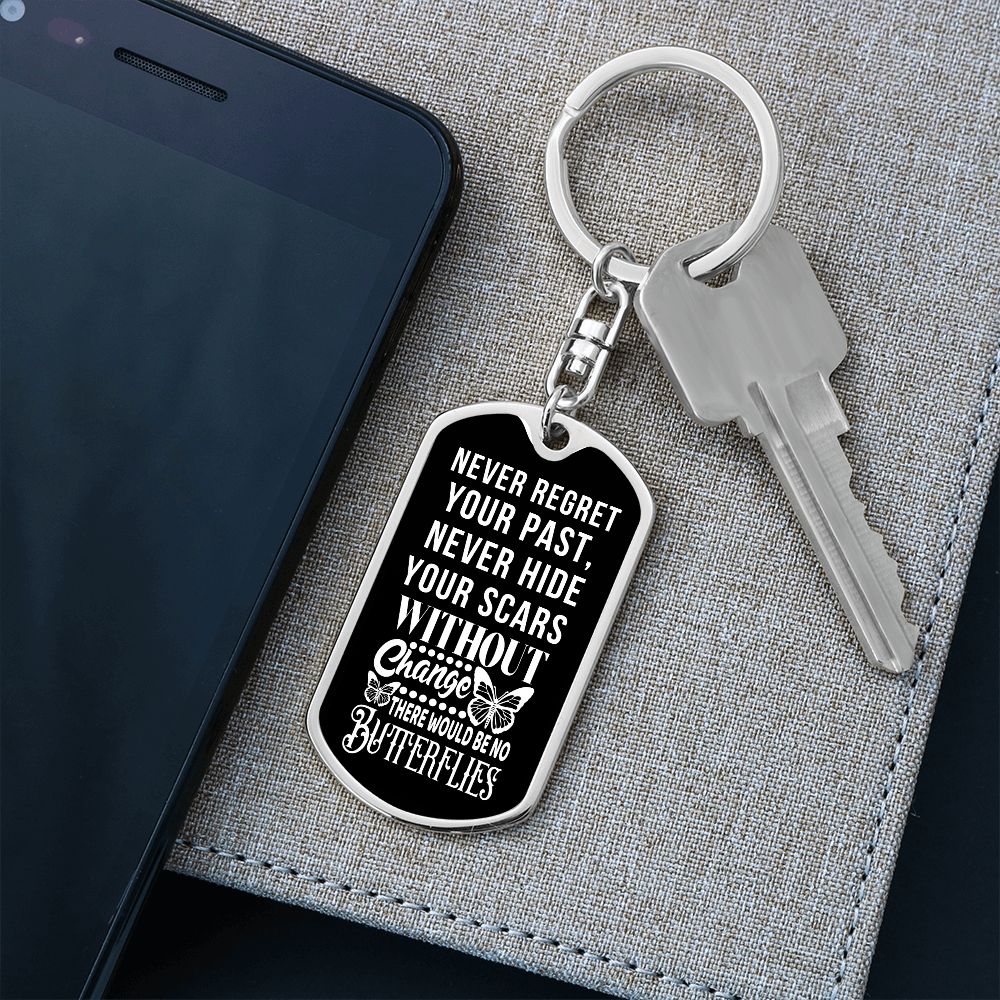 Silver dog tag keychain with motivational quote and metal key holder