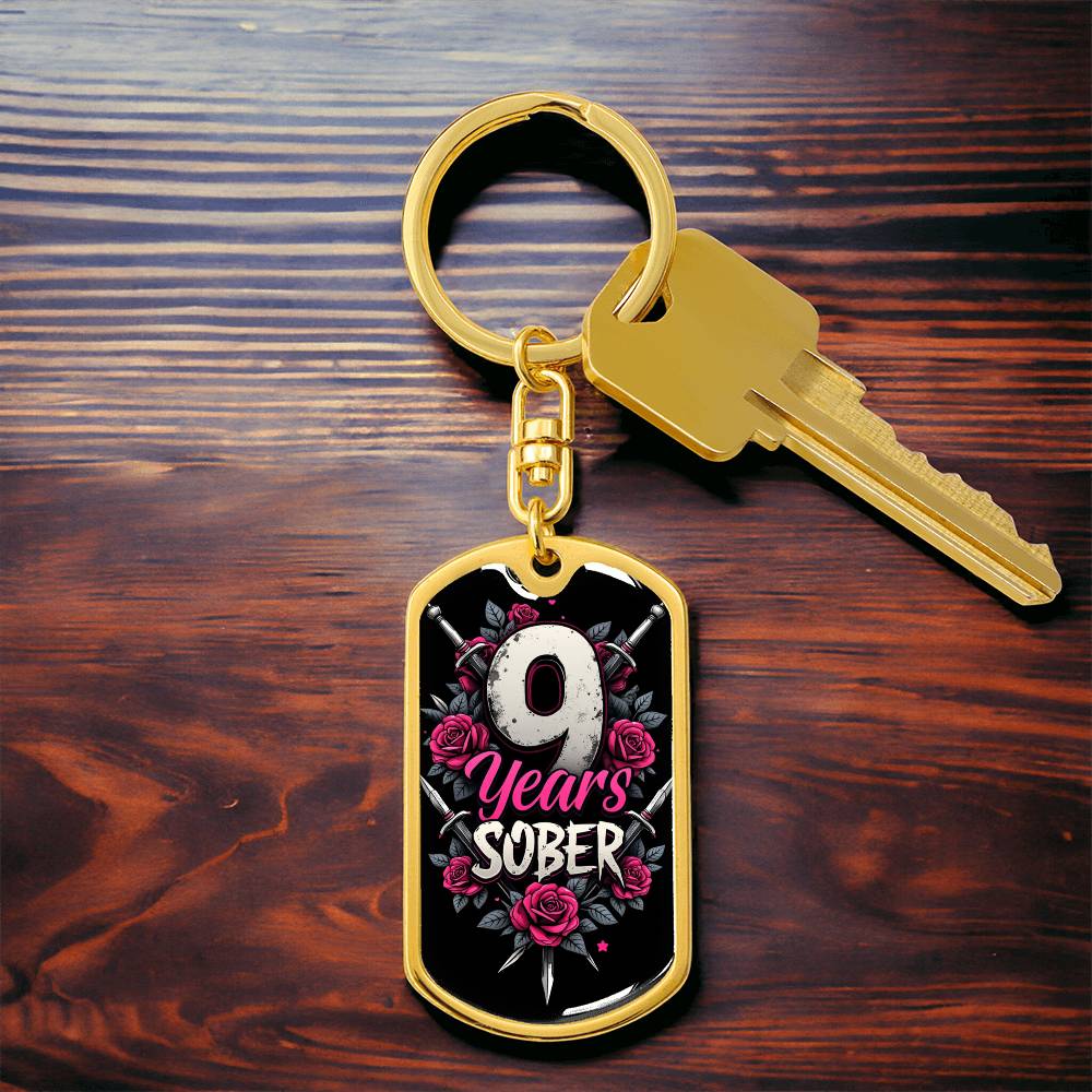 Personalized 9 Years Sober Dog Tag Keychain | Engraved Sobriety Milestone Gift