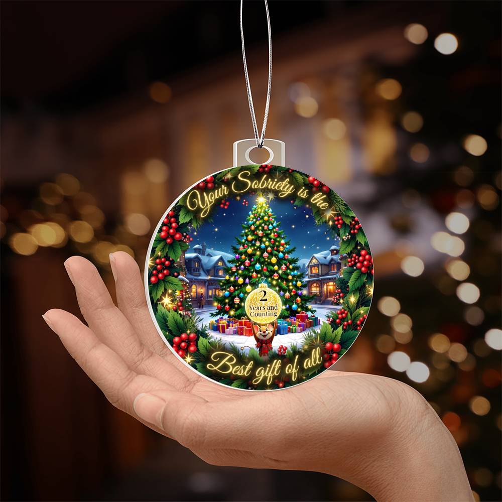 Round acrylic Christmas ornament on silver cord held in an open palm, holiday village artwork