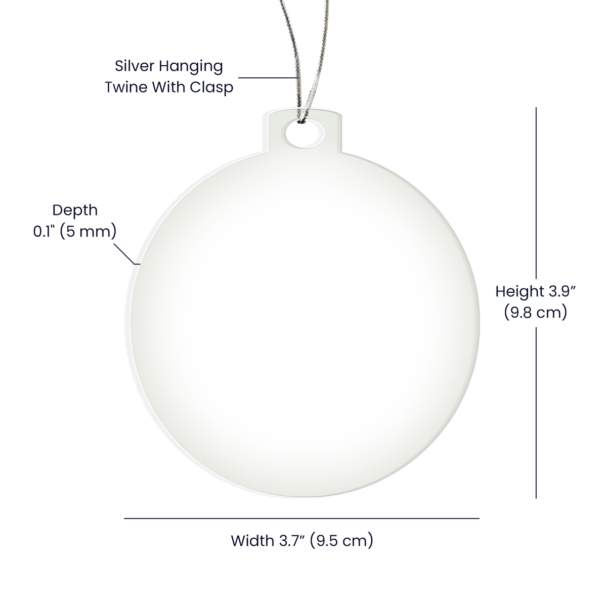 Round clear ornament disc with silver hanging twine and side measurement markings