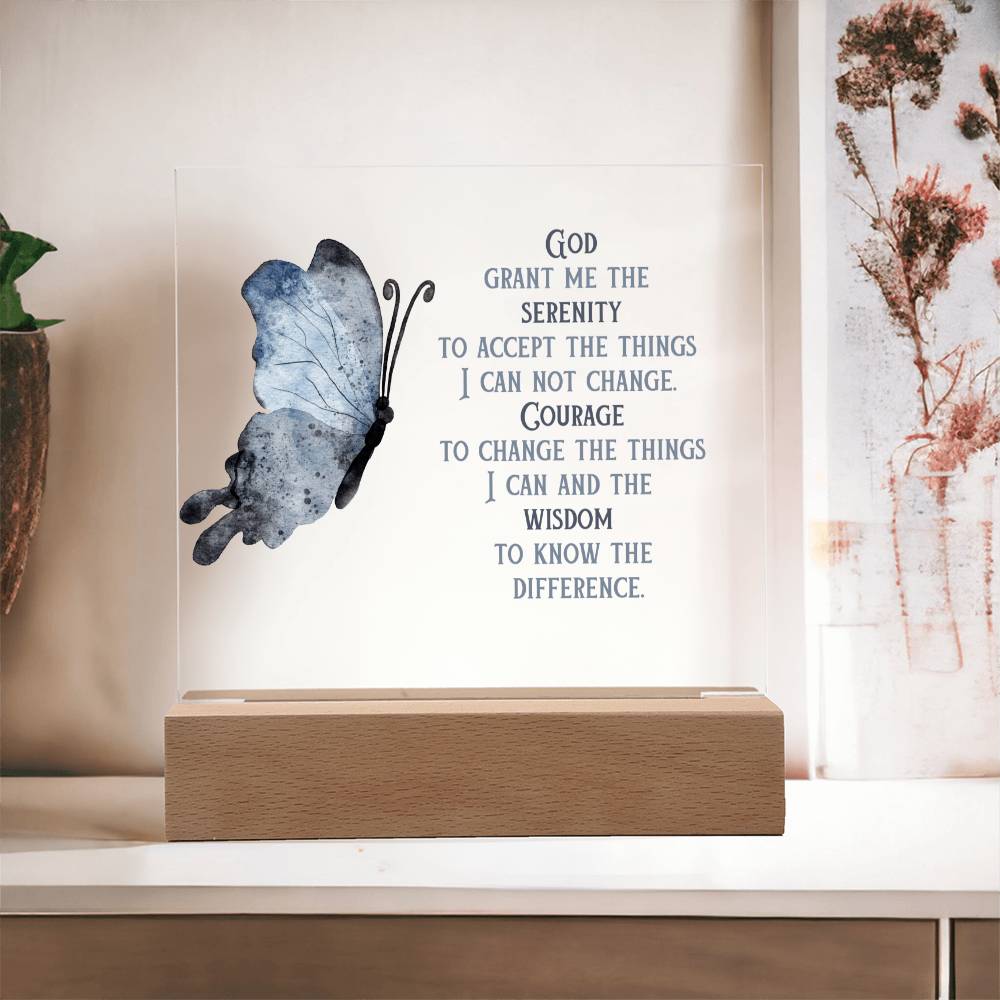 Wooden base serenity prayer display with clear panel, blue butterfly, and prayer quote