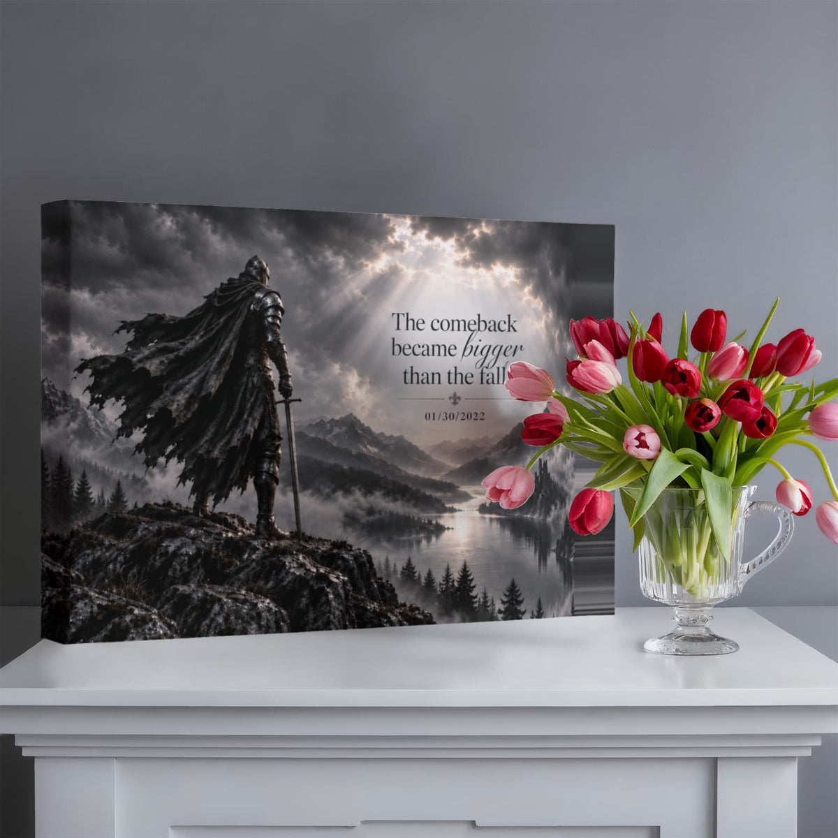 Rectangular wall art canvas with dark statue, mountain lake scene, and motivational quote