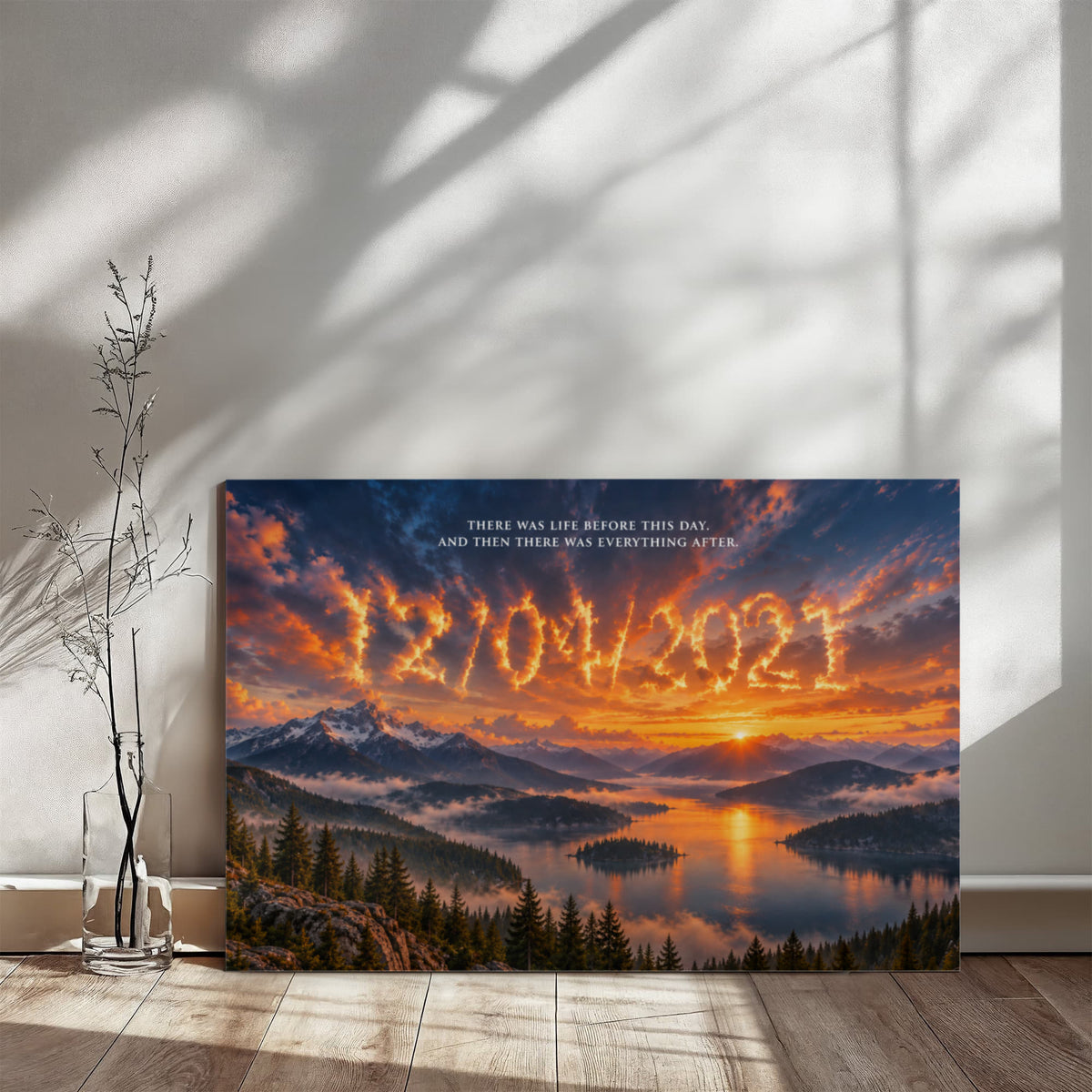 Landscape wall art canvas with vivid sunset sky, lake and trees, white quote near top.