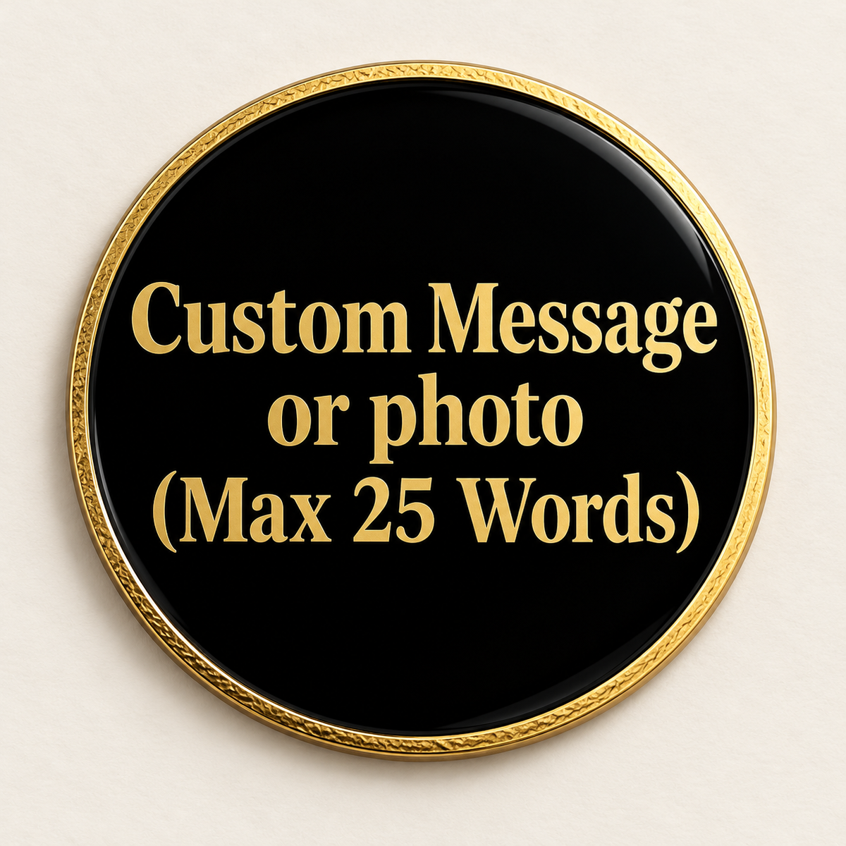 Black recovery coin back with gold rim and space for a custom message or photo