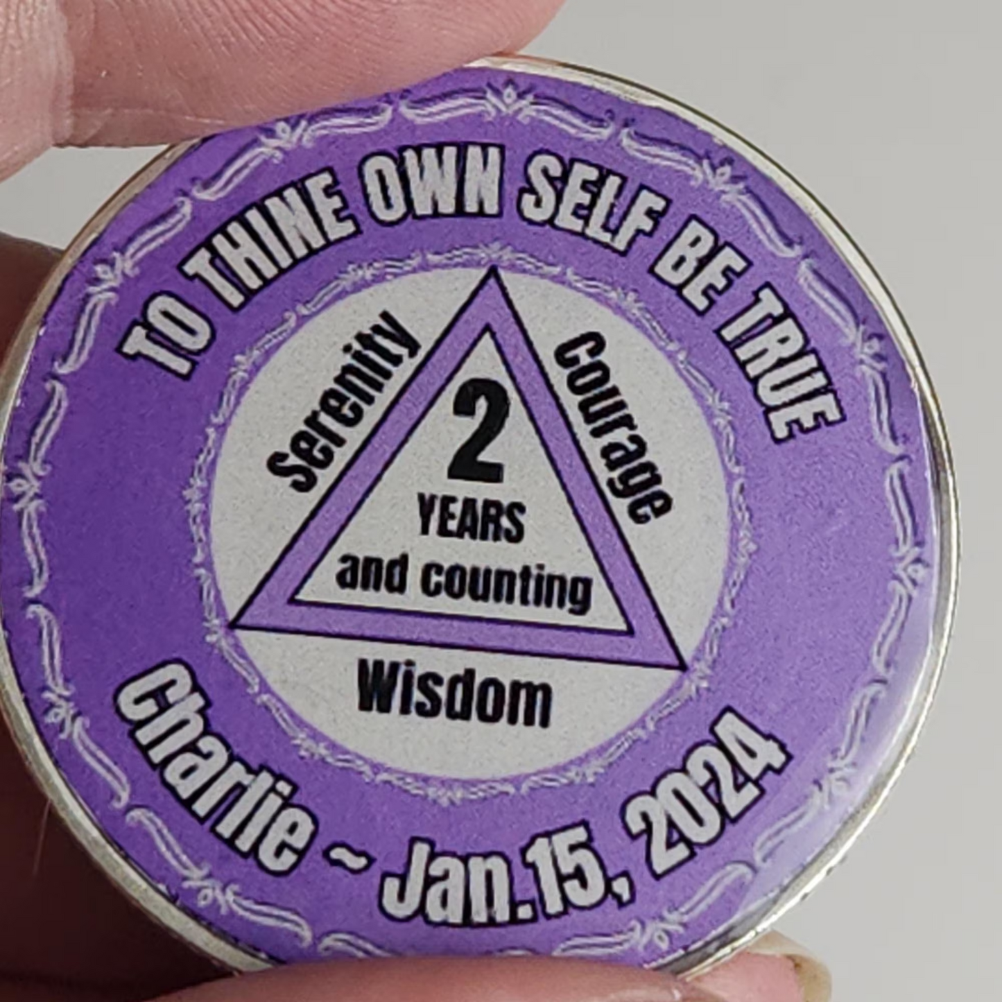 Purple personalized coin: '2 years and counting', Charlie - Jan. 15, 2024
