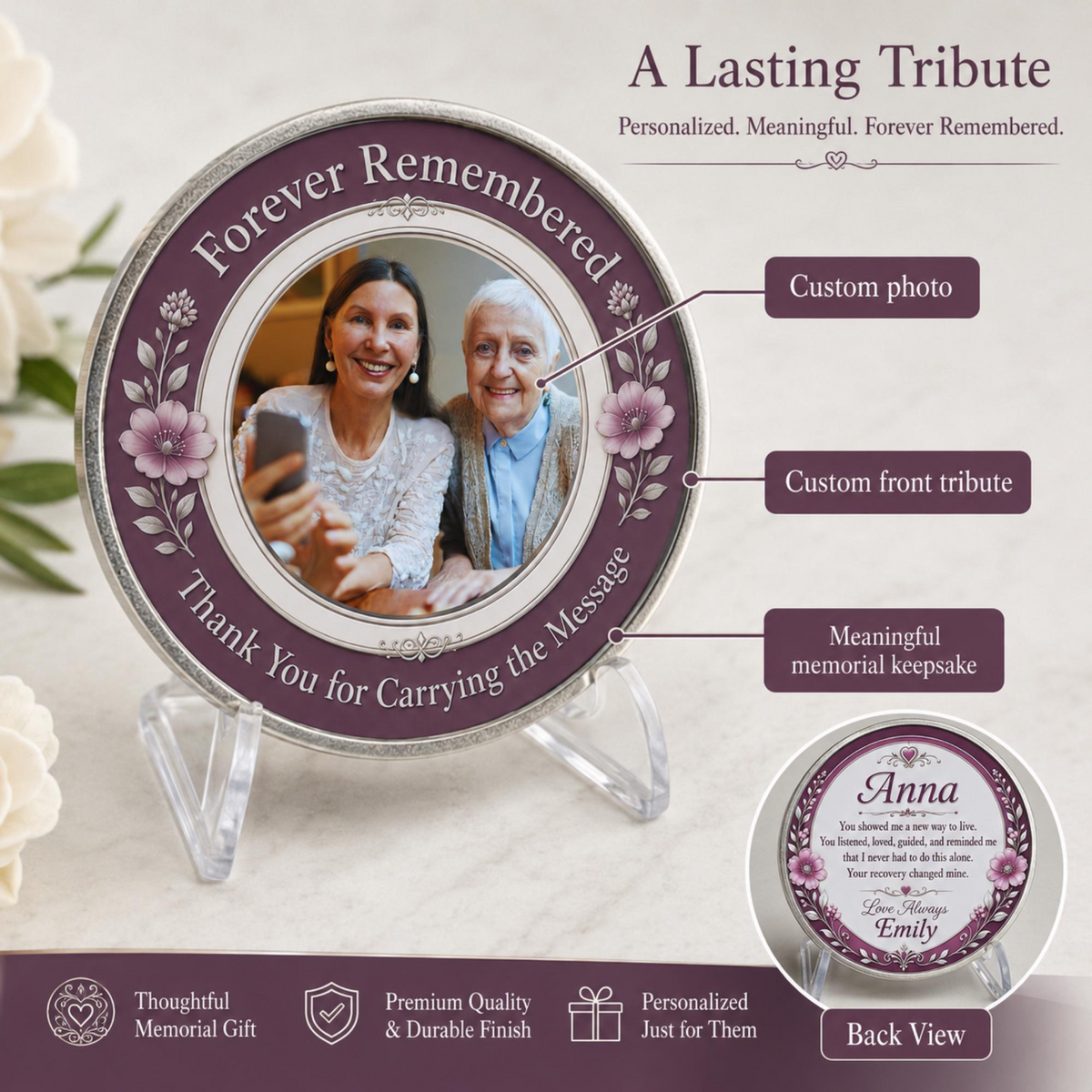 Purple memorial sponsor coin with custom photo in round frame, displayed on clear stand