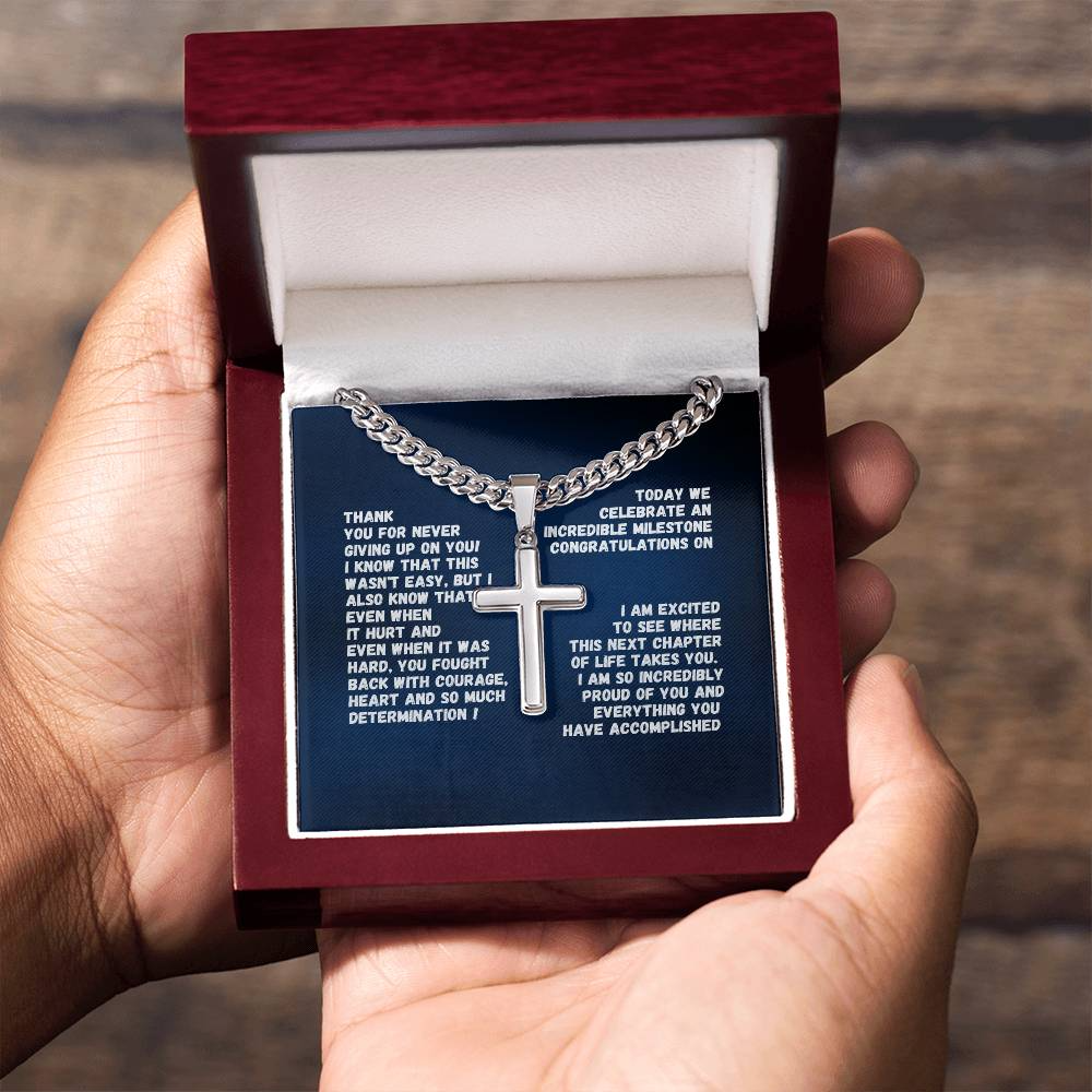 1-50 Year Sobriety Gift For Man ~ Engrave cross necklace with sobriety date or custom message and personalize image in gift box