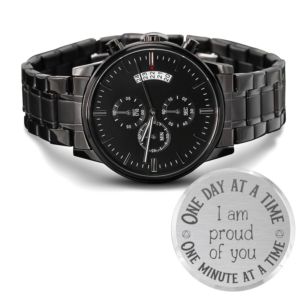 Supportive Sobriety Gift Watch for Men | Black Chronograph Watch Engraved with Inspirational Quote