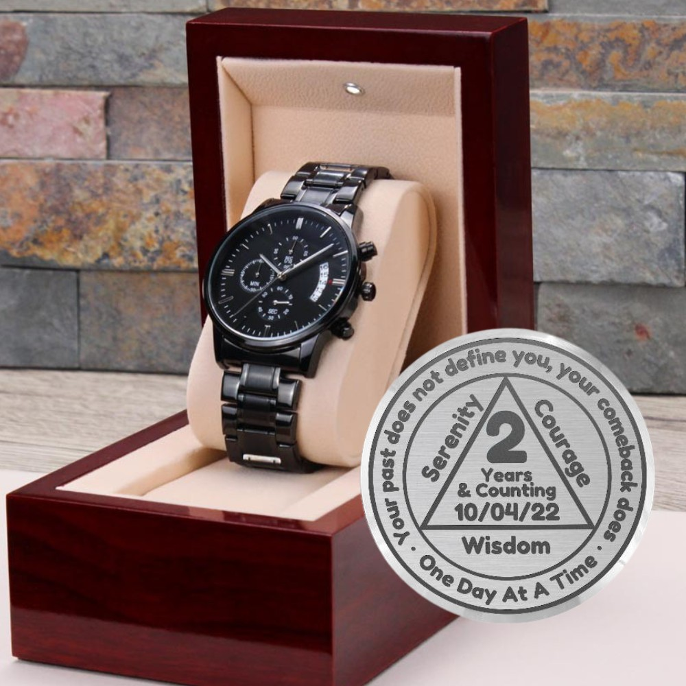 Recovery watch in wooden gift box with linked metal bracelet and engraved token