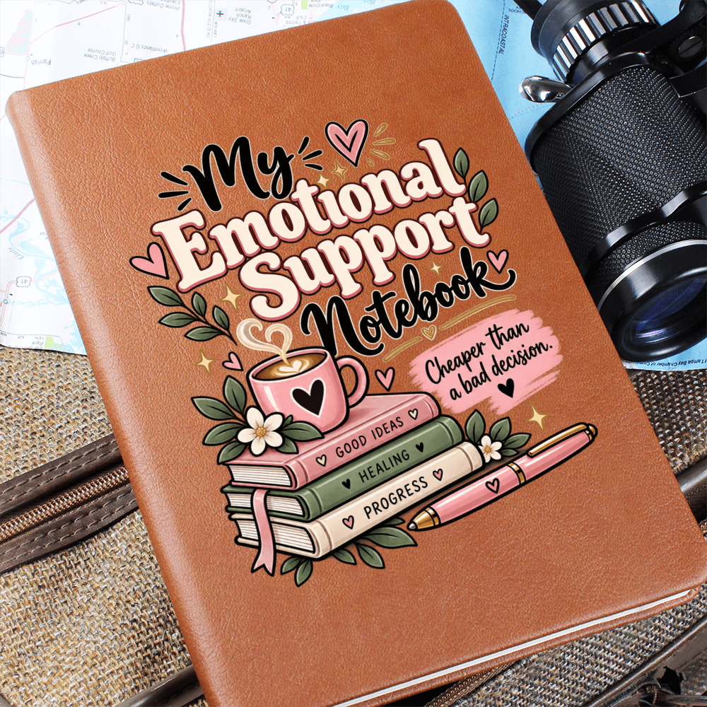 Orange notebook close-up with “My Emotional Support Notebook” cover graphic
