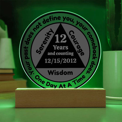Circular LED sobriety date plaque with wooden base; glowing rim, reads 12 Years Wisdom
