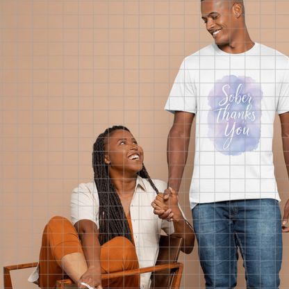 White T-shirt with "Sober Thanks to You" script print inside a blue watercolor circle