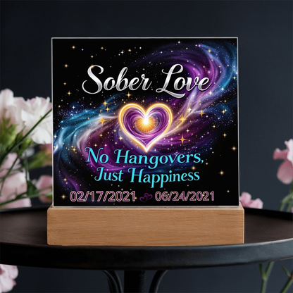 LED sobriety date sign with starry galaxy design, glowing heart on wood base