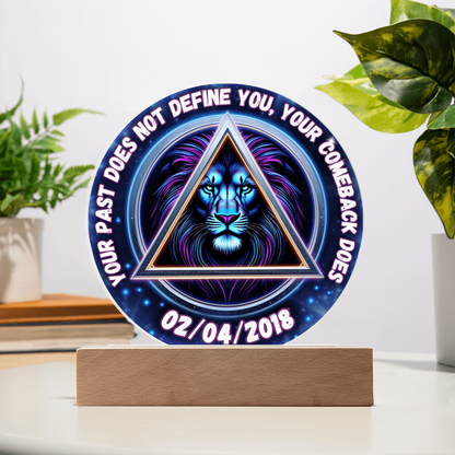 Personalized LED circle plaque with cool blue glow, lion triangle center, and date 02/04/2018