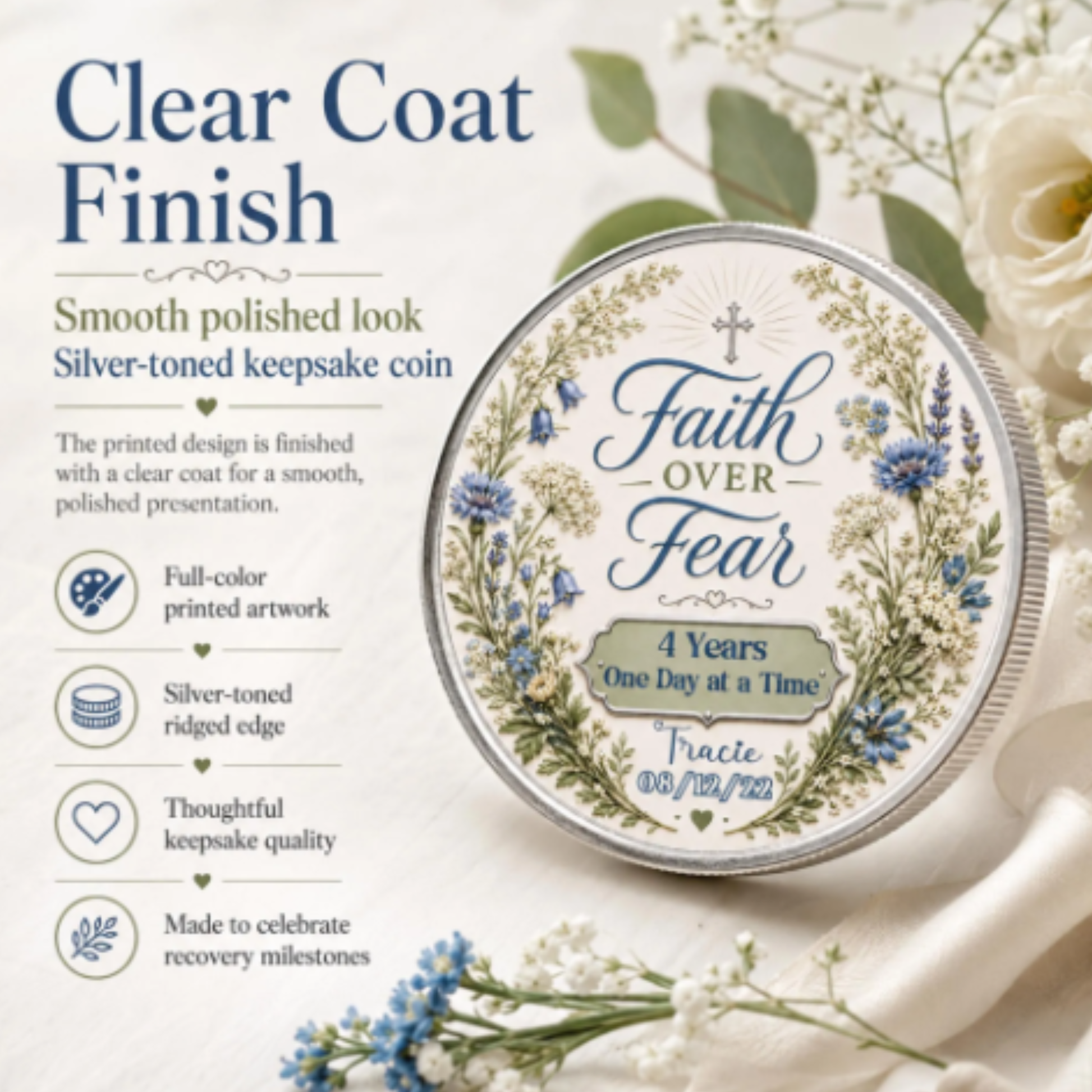 Silver-toned round recovery coin with “Faith Over Fear” and “4 Years, One Day at a Time”