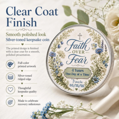 Silver-toned round recovery coin with “Faith Over Fear” and “4 Years, One Day at a Time”