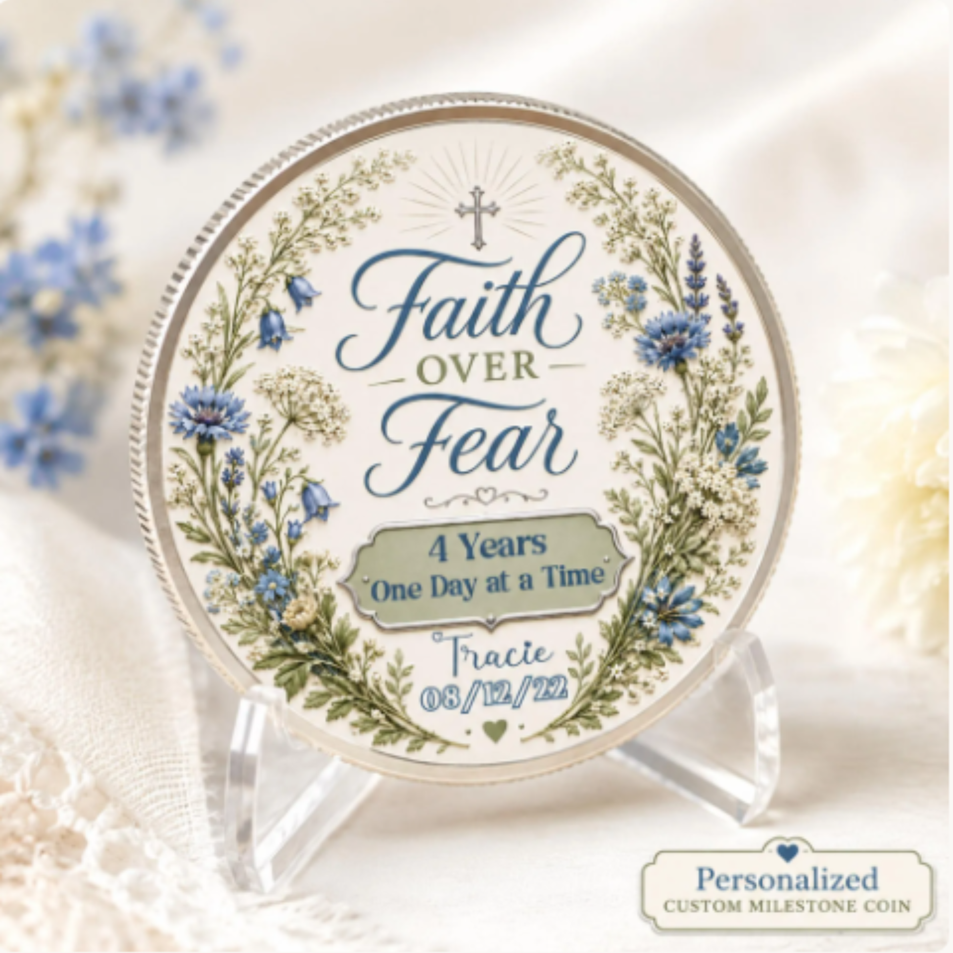 Round “Faith Over Fear” recovery coin on a clear stand, “4 Years One Day at a Time”