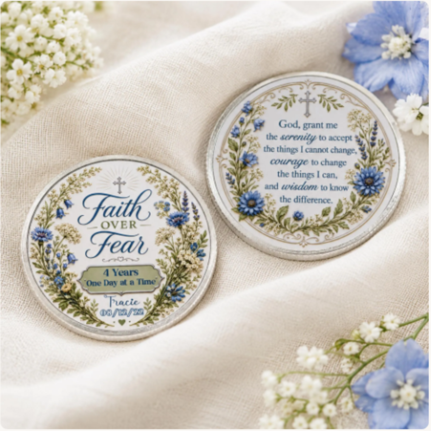 Two round recovery coins on a light cloth with floral border and faith message