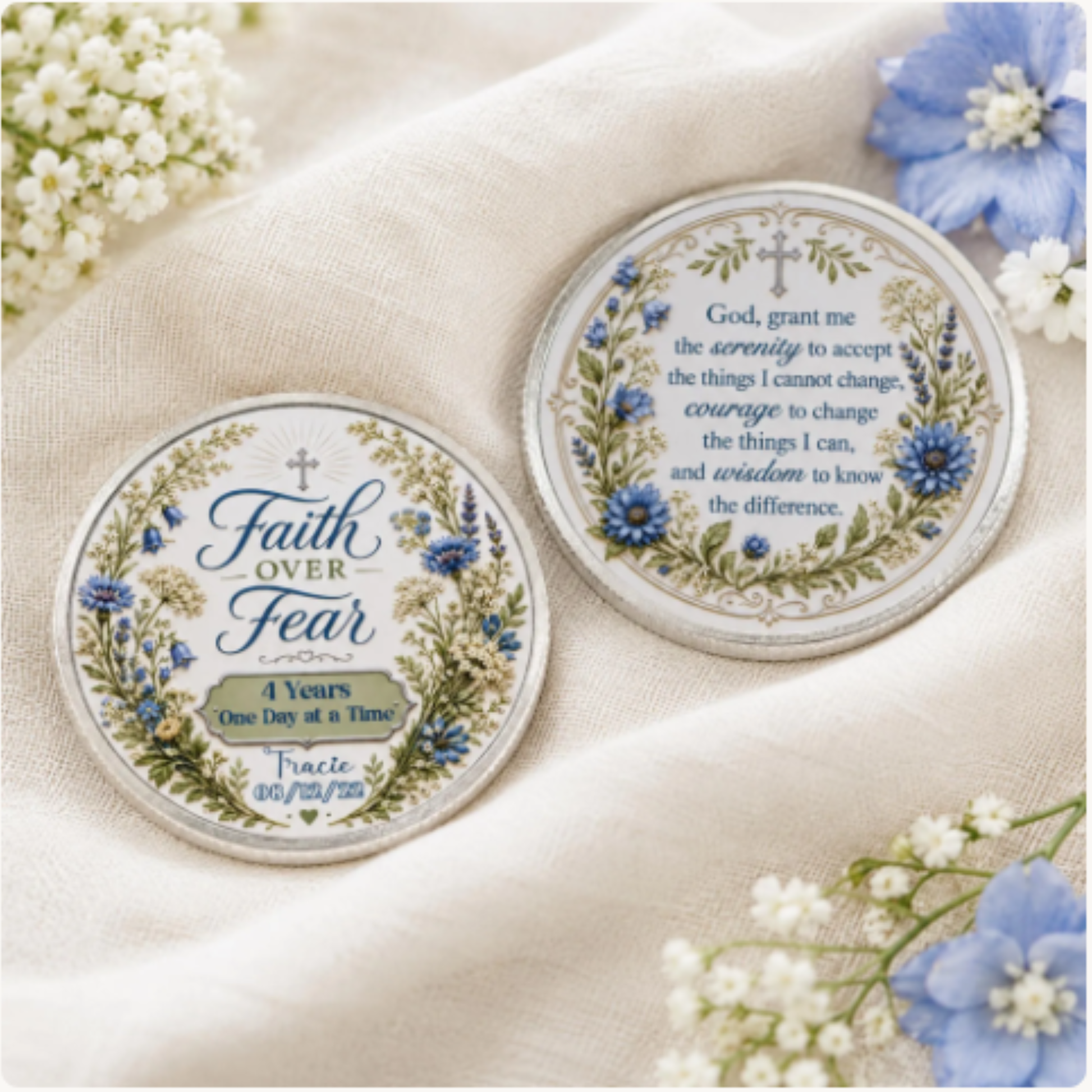 Two round recovery coins on a light cloth with floral border and faith message