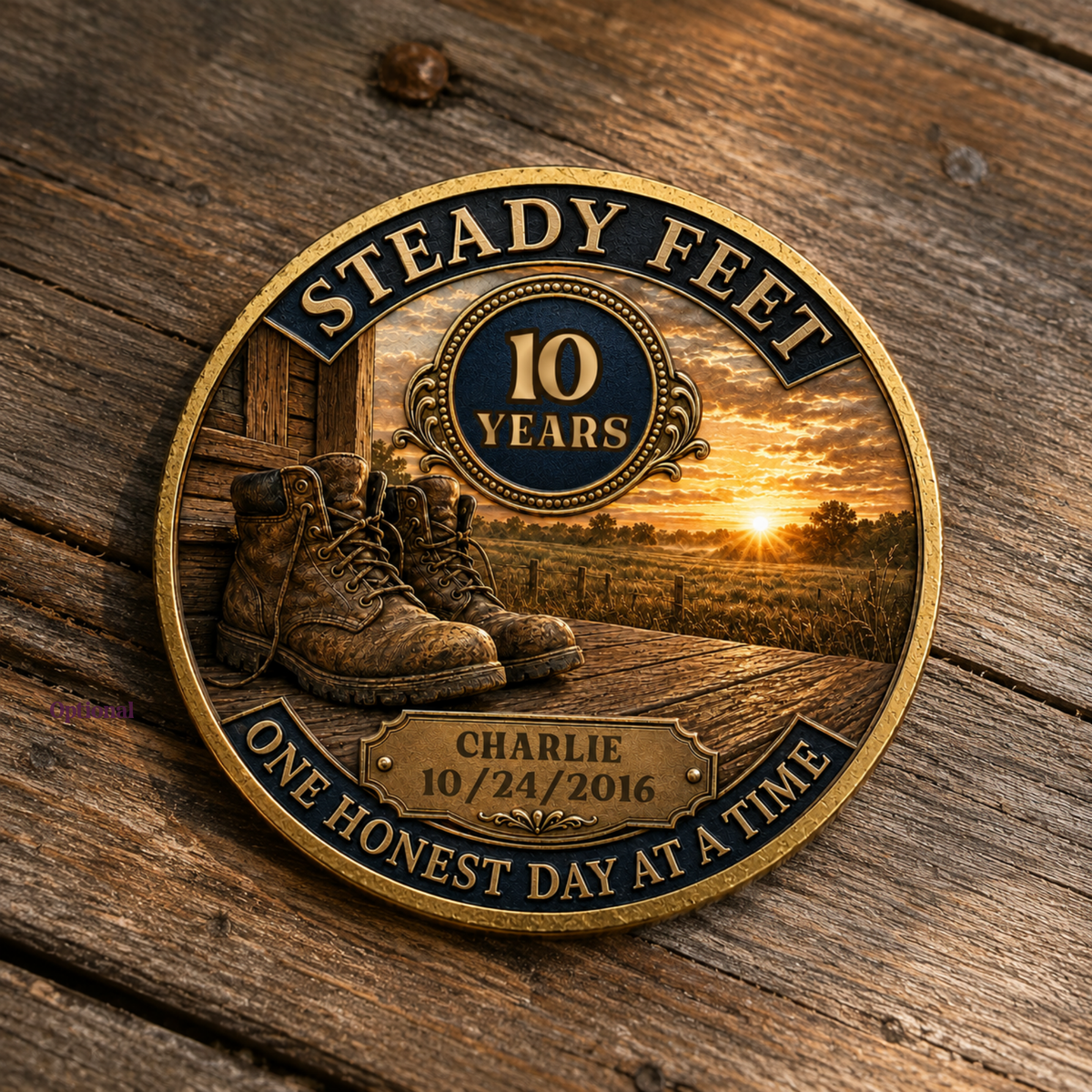 Gold-toned Steady Feet 10 years commemorative coin with boots, sunset, and engraved date