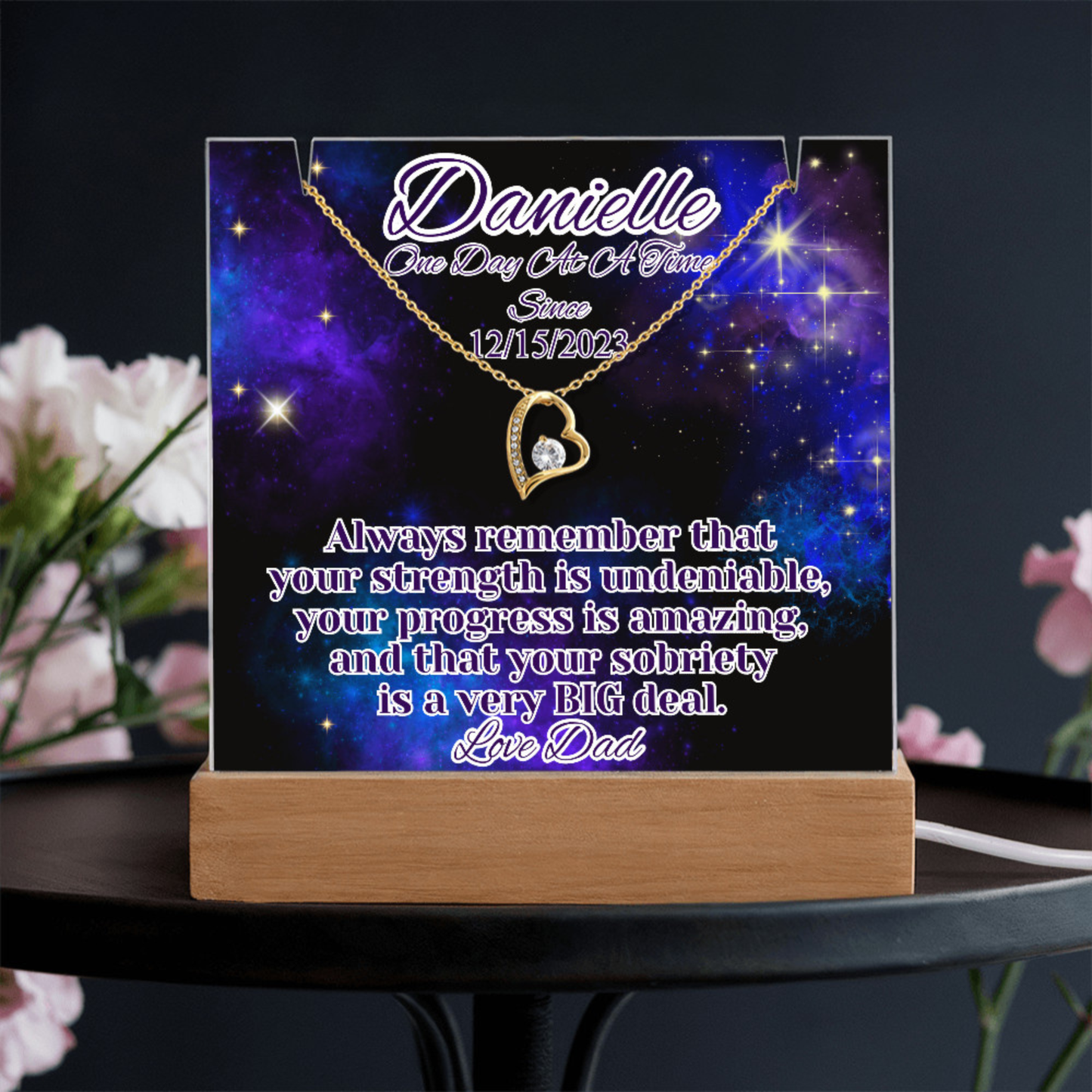 Personalized Sobriety Date Necklace & LED  Galaxy Keepsake