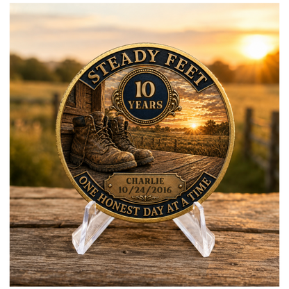Gold-toned Steady Feet 10 years coin on clear stand, boots and engraved date