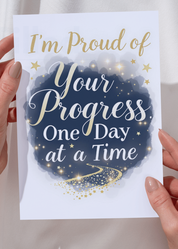 Recovery card: “Proud of Your Progress” text with star sparkles on a dark heart