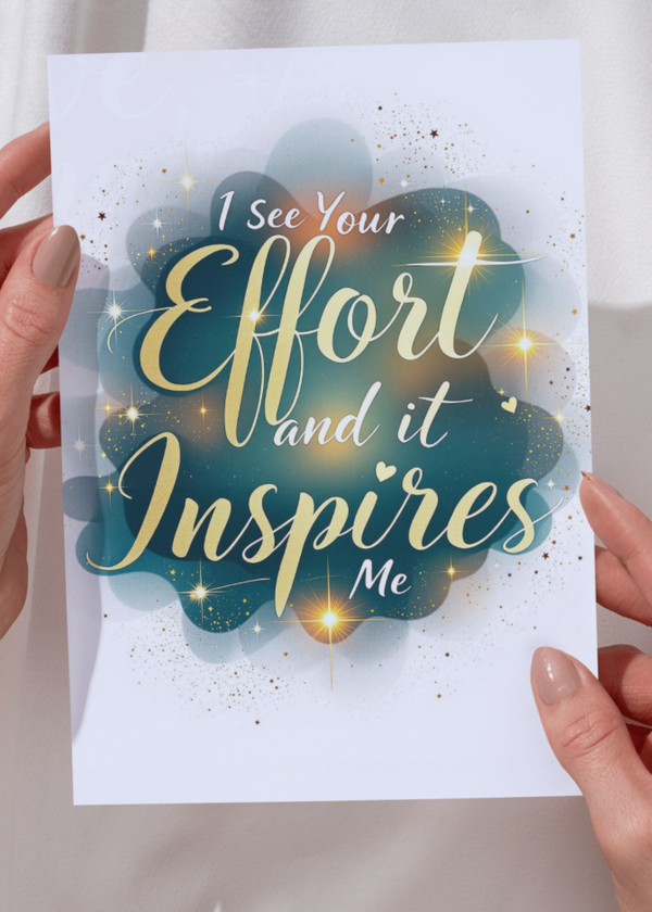 Digital recovery card with teal blue text design and golden sparkle accents, held up