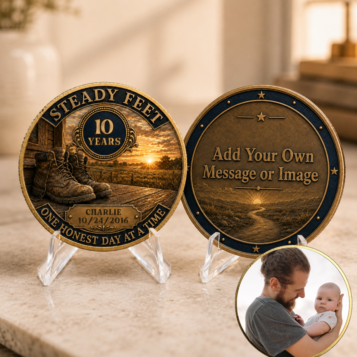 Personalized recovery anniversary coin keepsake on clear stand, “Add Your Own Message or Image”