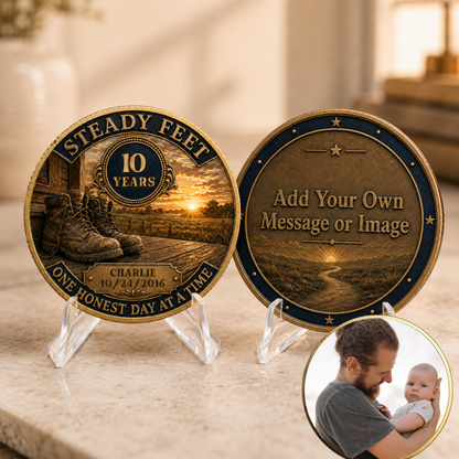 Personalized recovery anniversary coin keepsake on clear stand, “Add Your Own Message or Image”