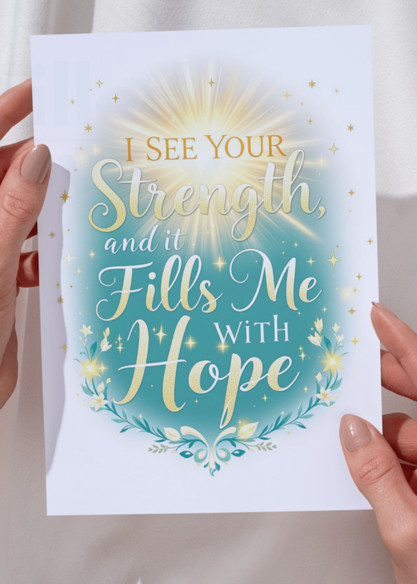 Encouragement card with teal floral wreath, gold rays, and uplifting script text.