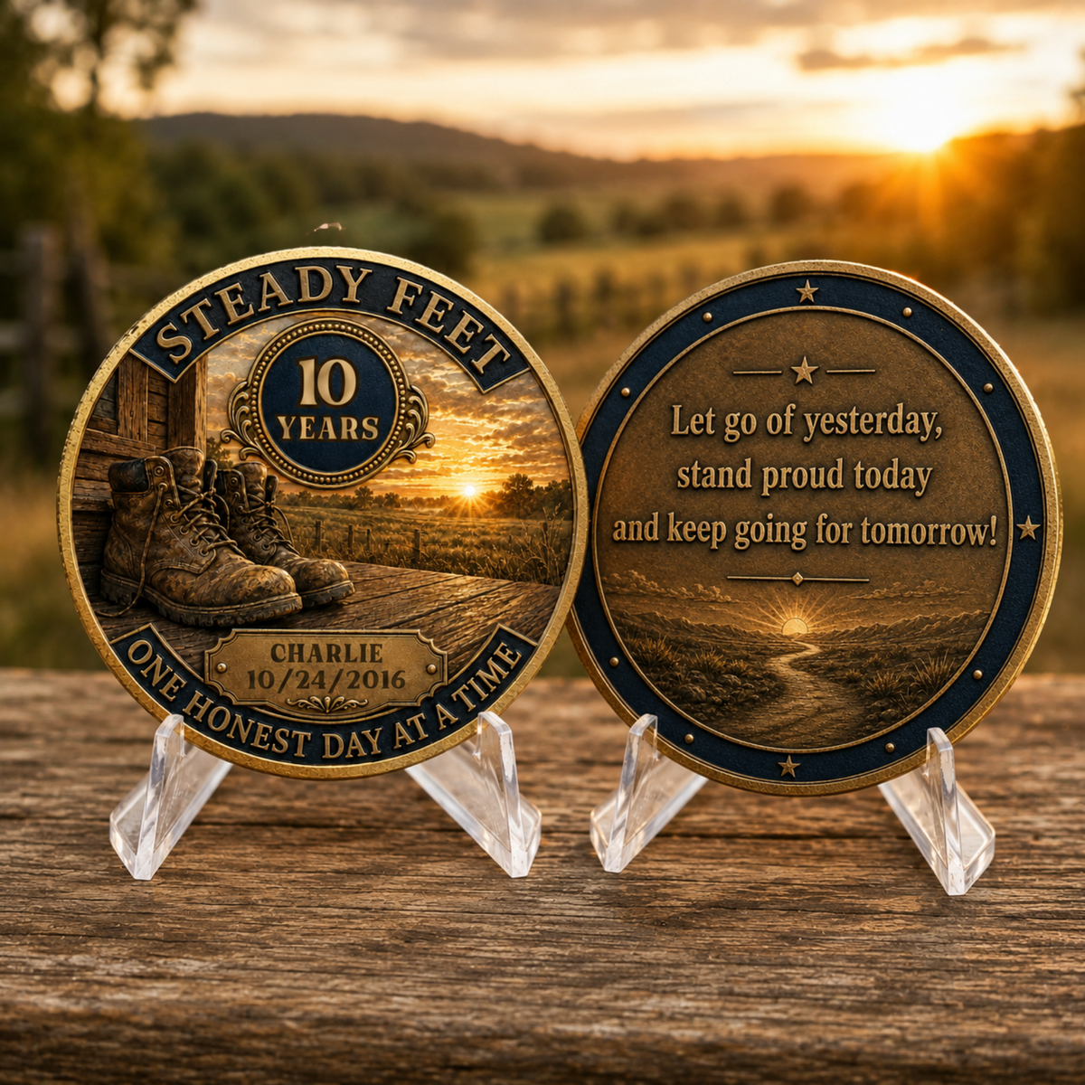 Two-sided recovery anniversary coin keepsake on clear stand with “Let go of yesterday” quote