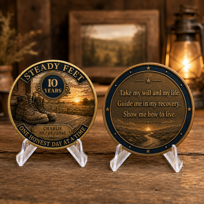 Personalized recovery coin keepsake on clear stand with quote “Take my will and my life”