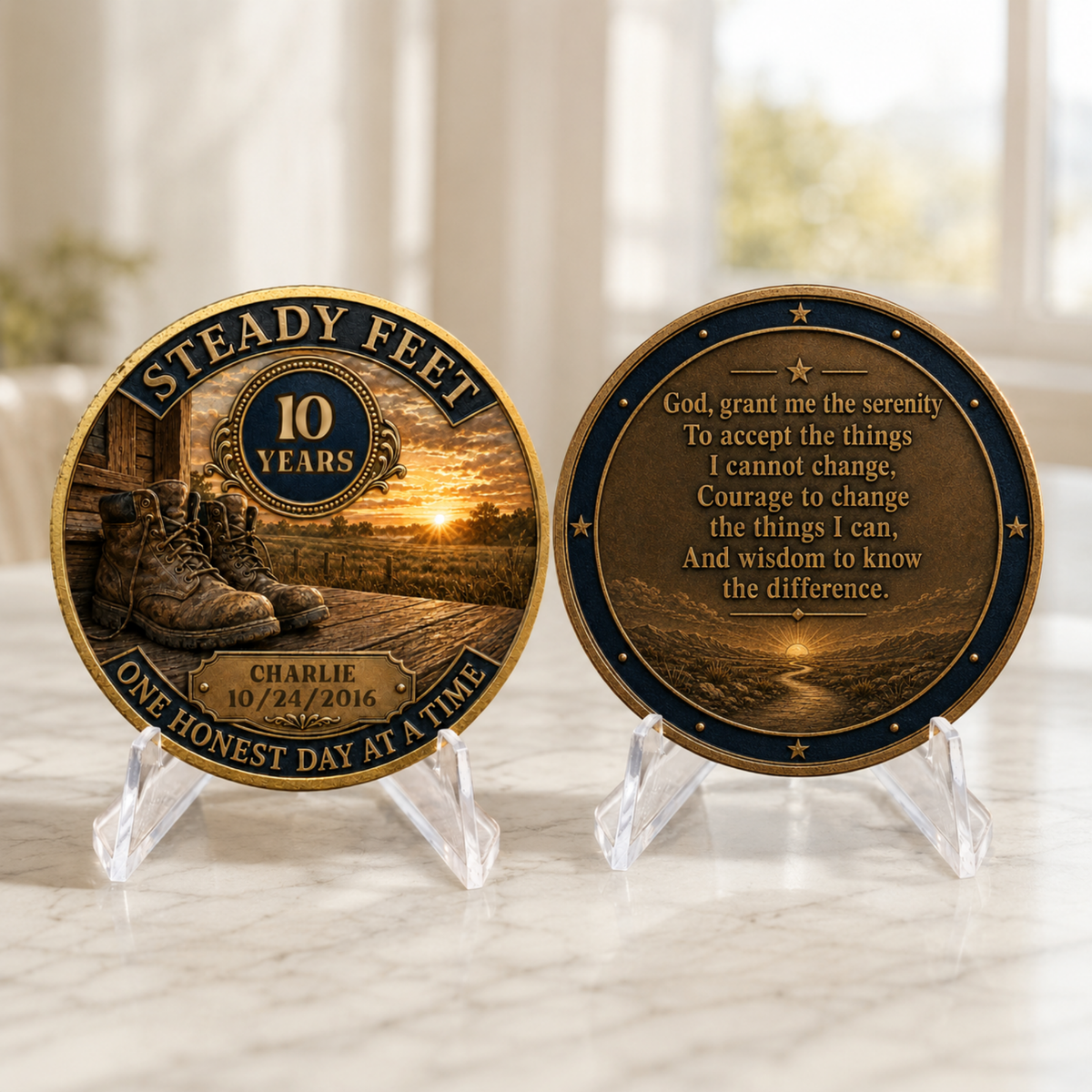 Recovery anniversary coin keepsake on clear stand, “God, grant me the serenity” message