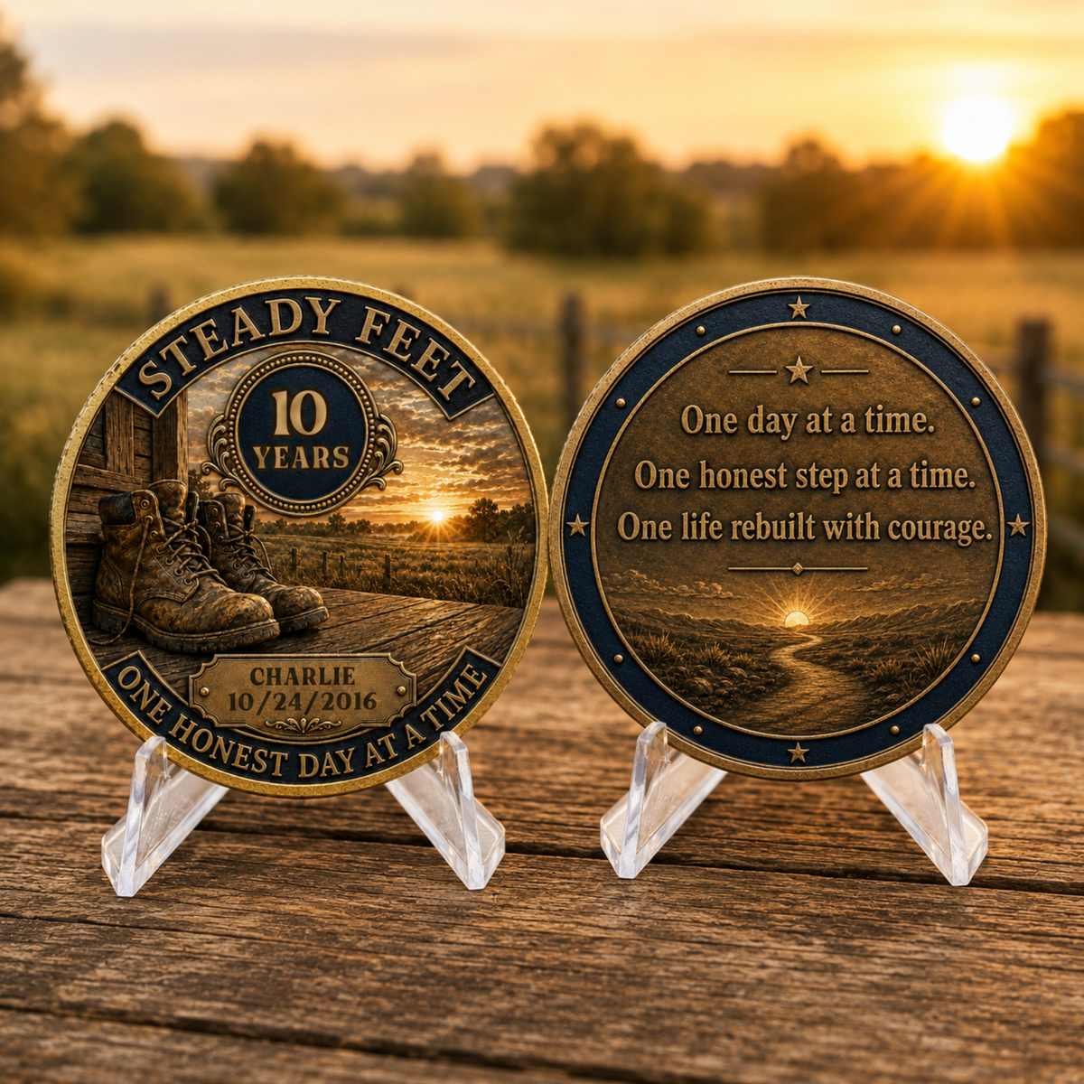 Recovery quote coin keepsake on clear stand, “One day at a time” message