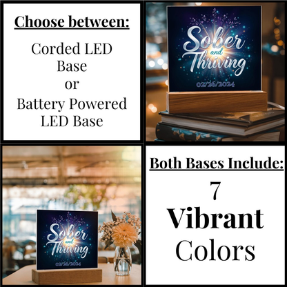 LED acrylic plaque options graphic: corded LED base or battery-powered LED base