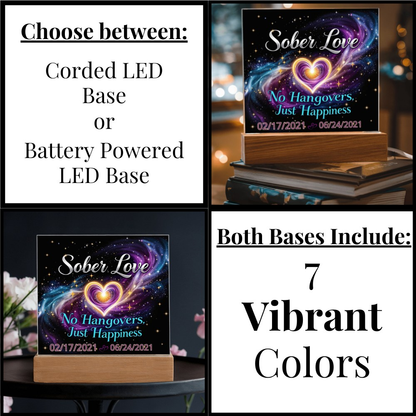 LED sobriety date sign with glowing heart on wood base