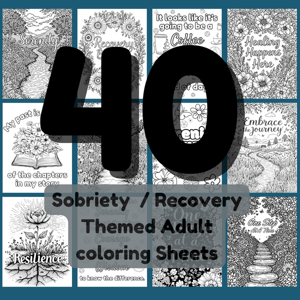 Sobriety-themed adult coloring page thumbnails with floral and inspirational line art