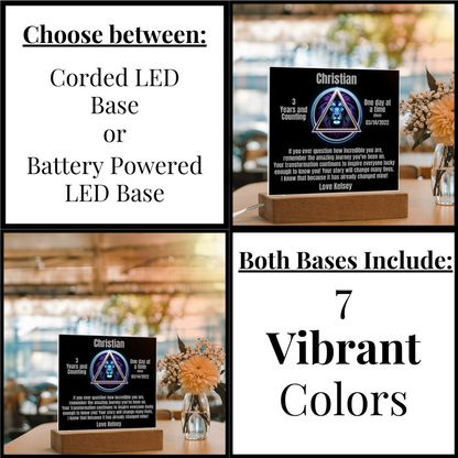 Square LED plaque option card showing corded or battery-powered LED base choices