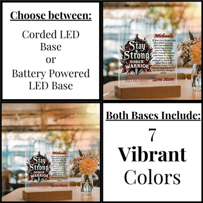 LED plaque base options graphic showing corded and battery-powered bases