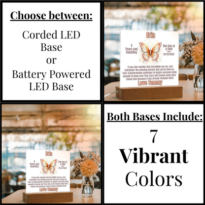 LED plaque base options graphic: corded or battery powered, 7 vibrant colors