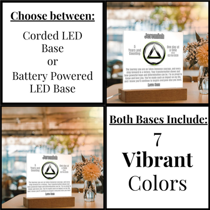 LED plaque marketing card showing corded and battery base options with mini plaque