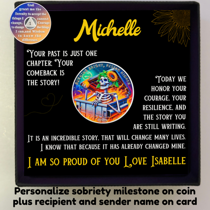 Personalized coin card with Michelle name, skeleton sunflower graphic and quote text