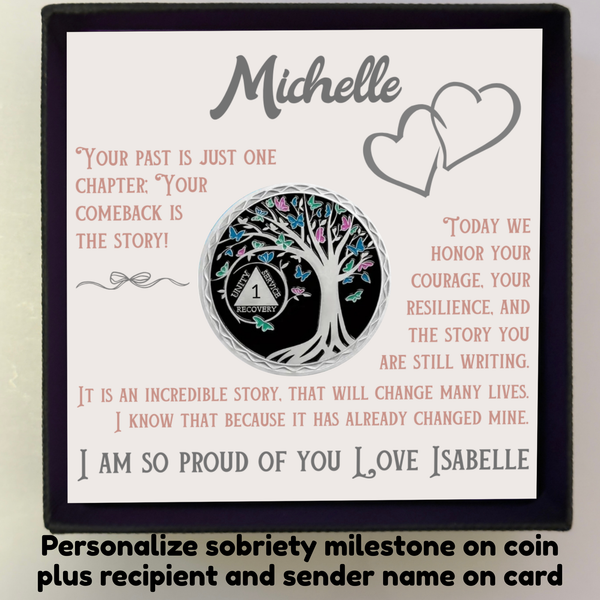 Sobriety milestone coin in gift box with personalized card and heart