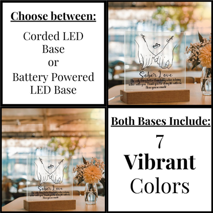 LED sobriety plaque base options: corded or battery powered, includes both bases