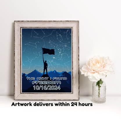 Framed star map wall art with silhouetted flag bearer and mountains, text FREEDOM 10/16/2024