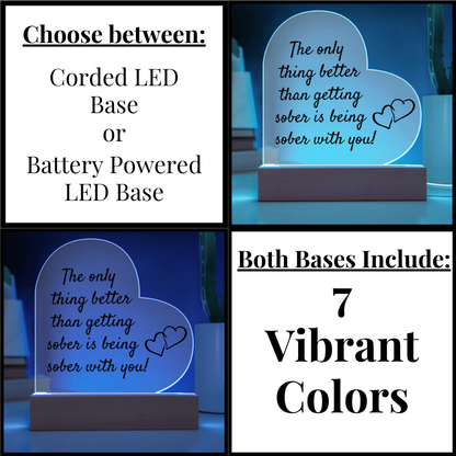 LED heart plaque bases options card, corded or battery powered, with plaque shown